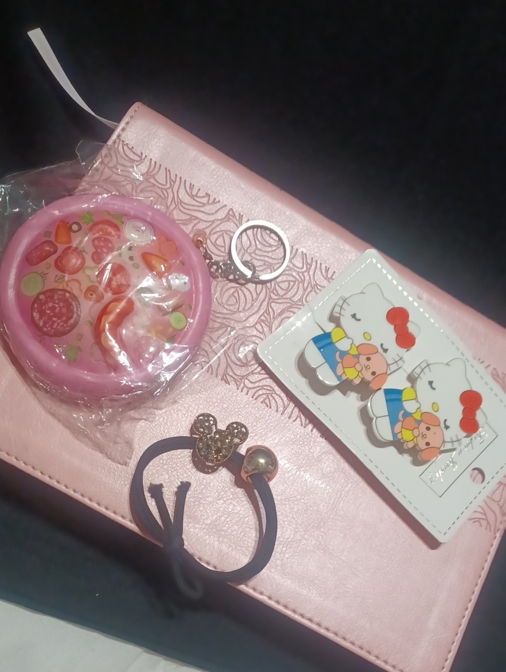 Hello Kitty, Snap barrette Set , Pizza Keychain, and Disney ponytail holder